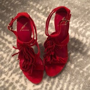 B Brian Atwood Luciana Red Suede Fringe Accent T-Strap Stiletto Heeled Sandal